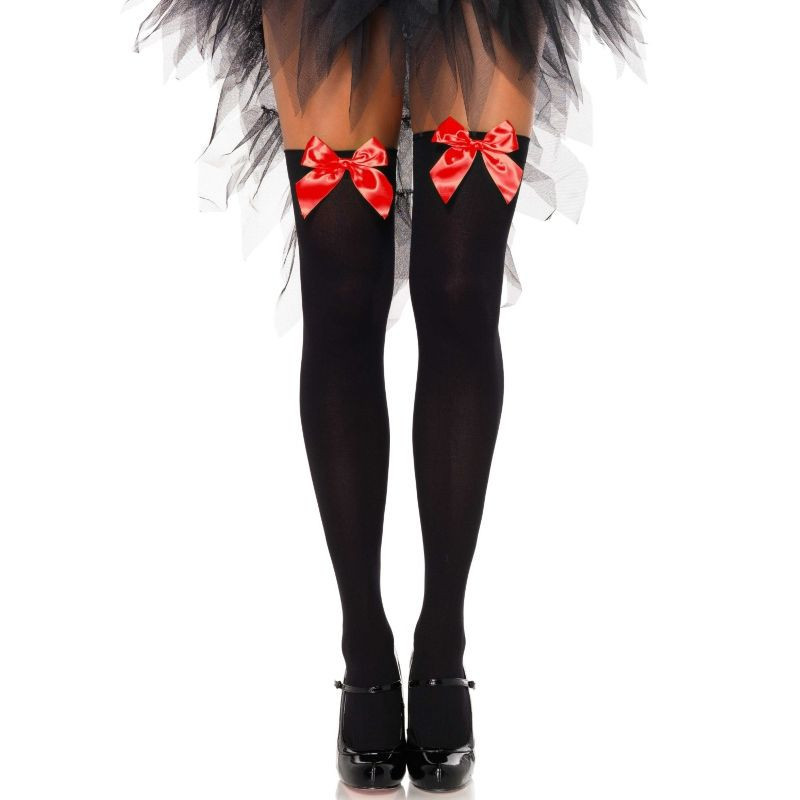 Черные нейлоновые чулки до бедра с красным бантом Leg Avenue One Size